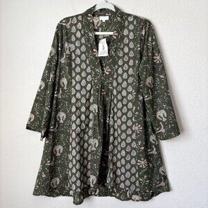 World Market NEW L/XL Boho Block Printed Cotton Long Sleeve Mini Dress